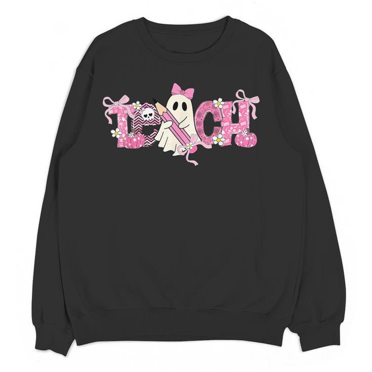Pink Ghost Teach Halloween Teacher In Spooky Season Women Crewneck Sweatshirt, novelty gifts, funny gifts Pink Ghost Teach Halloween Teacher In Spooky Season Women Crewneck Sweatshirt, novelty gifts, funny gifts