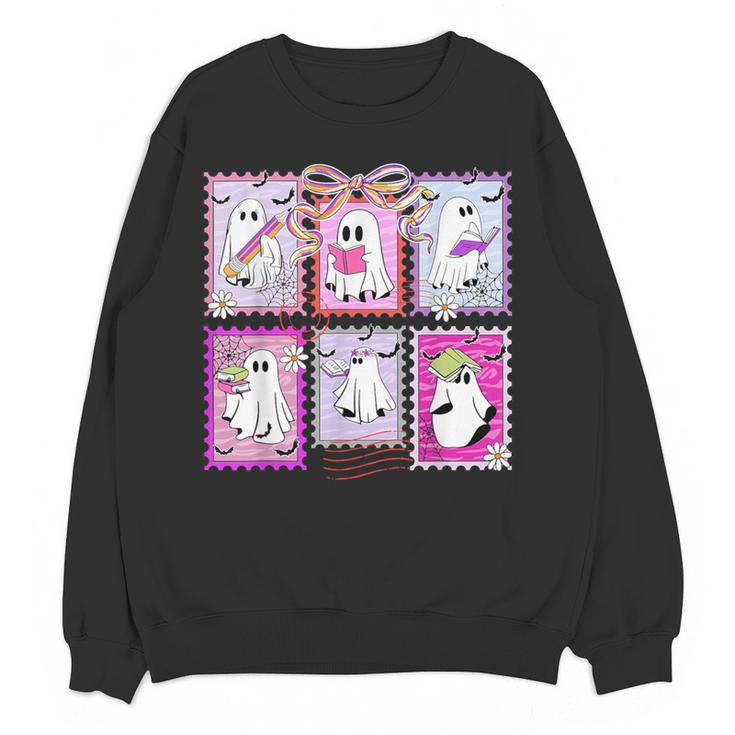 Preppy Spooky Teacher Halloween Ghost Coquette Bow Autumn Women Crewneck Sweatshirt, novelty gifts, funny gifts