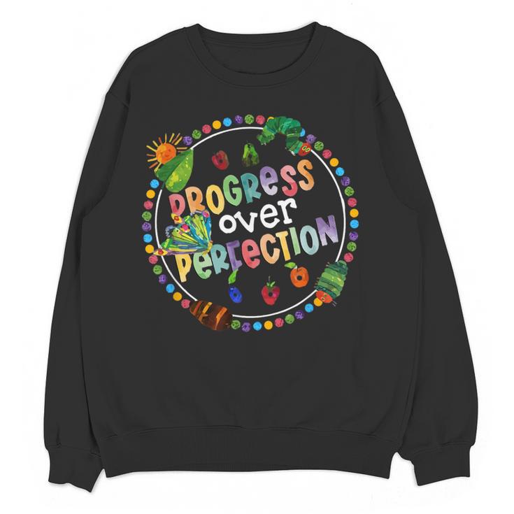 Progress Over Perfection Caterpillar Back To School Teacher Women Crewneck Sweatshirt, novelty gifts, funny gifts