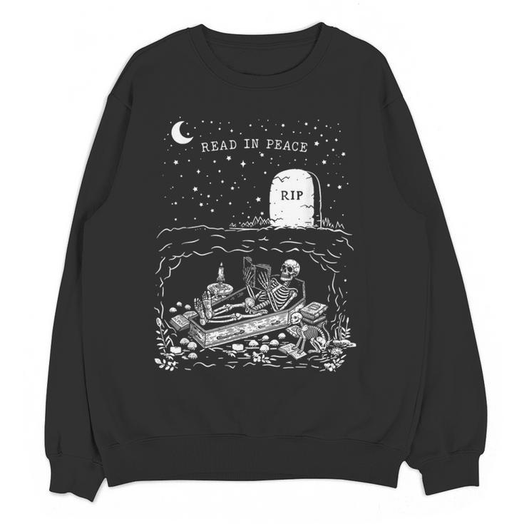 Read In Peace Skeleton Halloween Book Reading Spooky Teacher Women Crewneck Sweatshirt, novelty gifts, funny gifts Read In Peace Skeleton Halloween Book Reading Spooky Teacher Women Crewneck Sweatshirt, novelty gifts, funny gifts
