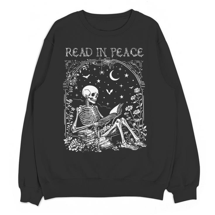 Read In Peace Skeleton Reading Teacher Spooky Halloween Women Crewneck Sweatshirt, novelty gifts, funny gifts Read In Peace Skeleton Reading Teacher Spooky Halloween Women Crewneck Sweatshirt, novelty gifts, funny gifts