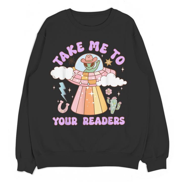 Take Me To Your Readers Alien Teacher Halloween Literacy Women Crewneck Sweatshirt, novelty gifts, funny gifts Take Me To Your Readers Alien Teacher Halloween Literacy Women Crewneck Sweatshirt, novelty gifts, funny gifts