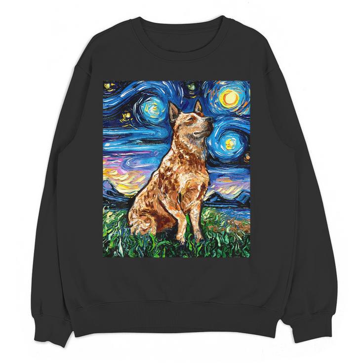 Red Heeler Starry Night Cattle Dog Colorful Art By Aja For Men Women Girls Kids Women Crewneck Sweatshirt, novelty gifts, funny gifts