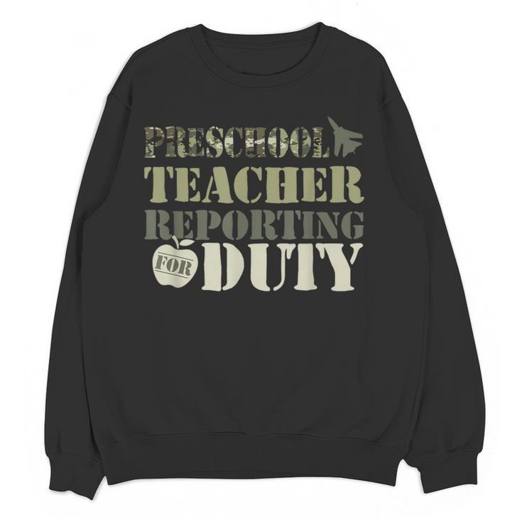 Retro Back To School Women Old Camo Preschool Teacher Women Crewneck Sweatshirt, novelty gifts, funny gifts