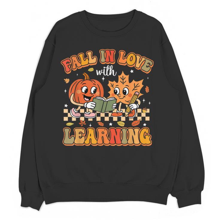 Retro Fall In Love With Learning Autumn Pumpkin Teachers Women Crewneck Sweatshirt, novelty gifts, funny gifts