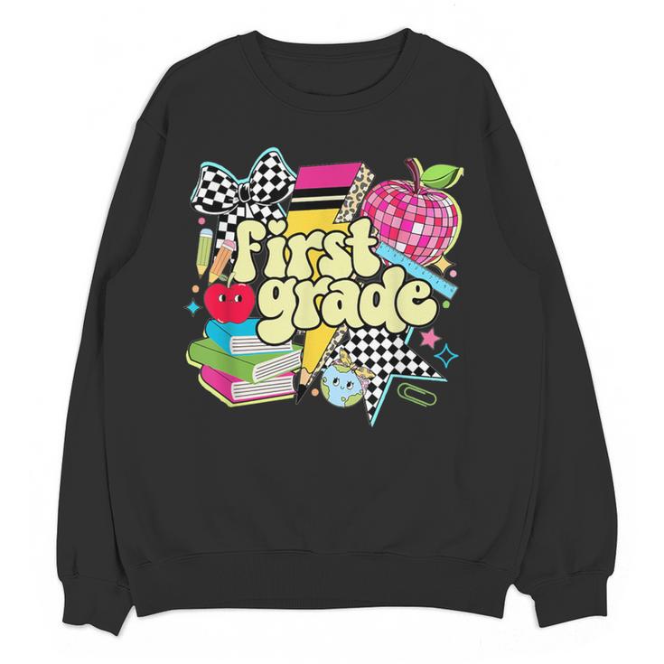 Retro First Grade Teacher Disco Ball Coquette Back To School Women Crewneck Sweatshirt, novelty gifts, funny gifts