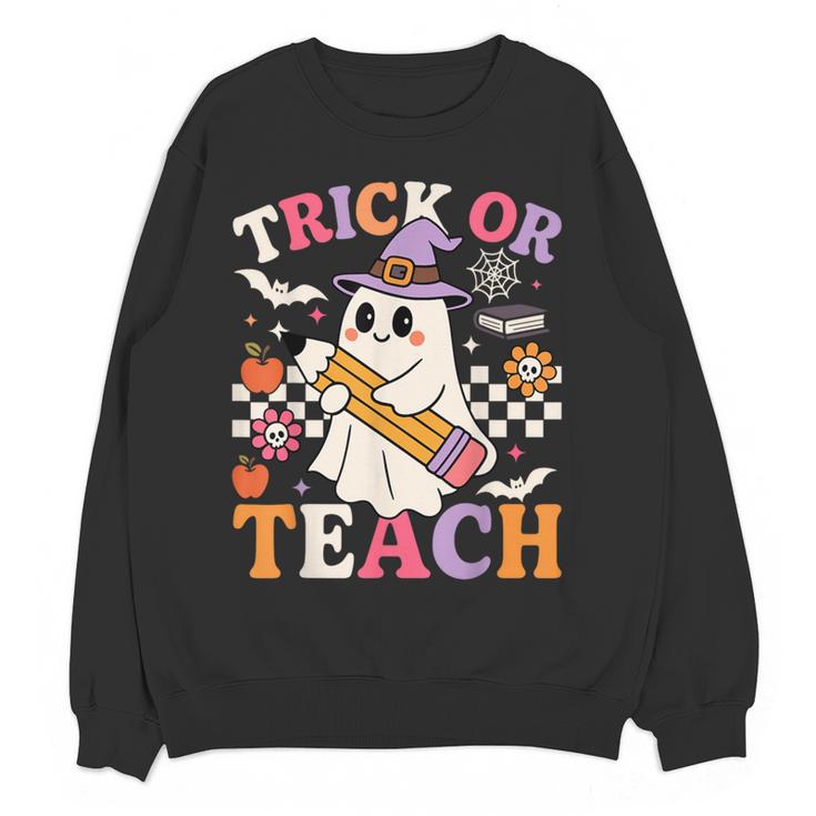 Retro Floral Ghost Trick Or Teach Groovy Teacher Halloween Women Crewneck Sweatshirt, novelty gifts, funny gifts Retro Floral Ghost Trick Or Teach Groovy Teacher Halloween Women Crewneck Sweatshirt, novelty gifts, funny gifts