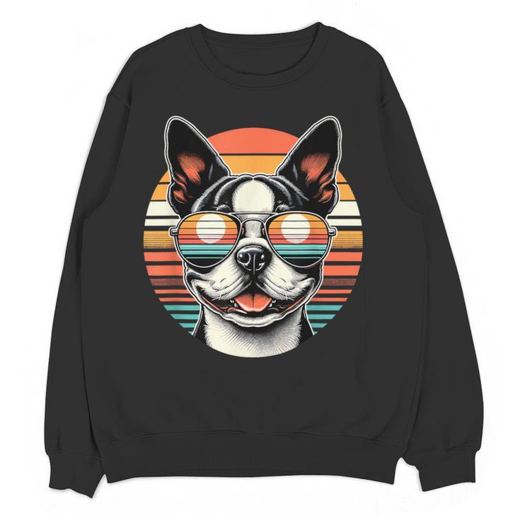 Retro Sunset Sunglasses Boston Terrier Boston Bull Bostie Women Crewneck Sweatshirt, novelty gifts, funny gifts