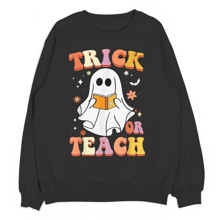 Retro Vintage Groovy Trick Or Teach Teacher Halloween For Men Women Kids Women Crewneck Sweatshirt, novelty gifts, funny gifts