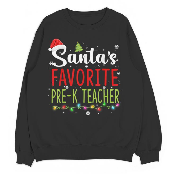 Santa's Favorite Pre-K Teacher Christmas Santa Hat Lights For Men Women Kids Women Crewneck Sweatshirt, novelty gifts, funny gifts
