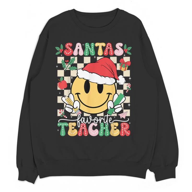Santas Favorite Teacher Retro Groovy Smile Face Christmas Women Crewneck Sweatshirt, novelty gifts, funny gifts