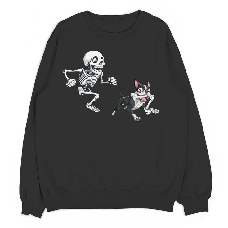 Skeleton Chasing Dog Boston Terrier Halloween Pet Lover Women Crewneck Sweatshirt, novelty gifts, funny gifts