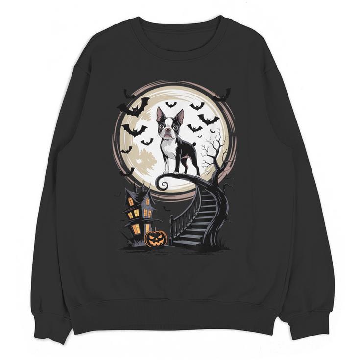 Spooky Halloween Moon Boston Terrier Boston Bull Bostie Women Crewneck Sweatshirt, novelty gifts, funny gifts