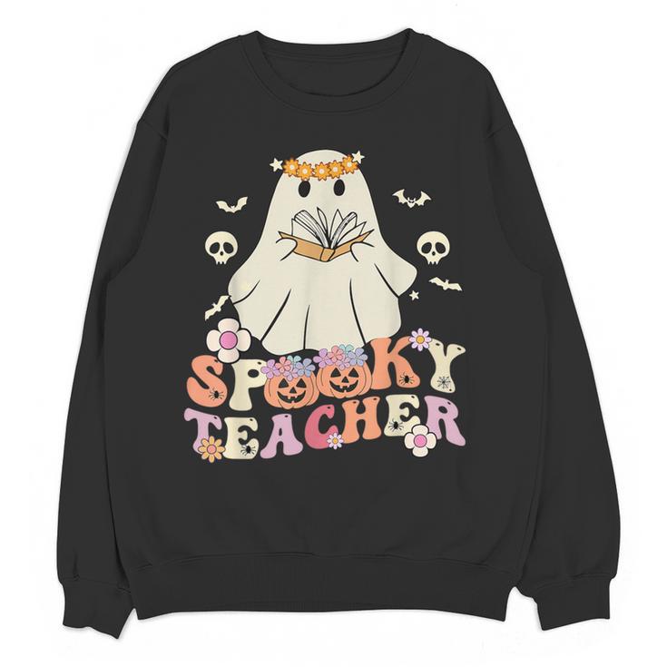 Spooky Teacher Groovy Retro Ghost Teacher Halloween 2023 For Men Women Kids Women Crewneck Sweatshirt, novelty gifts, funny gifts