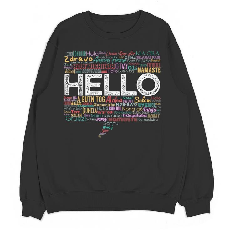 Start With Hello Different World Language Learning Teacher Women Crewneck Sweatshirt, novelty gifts, funny gifts