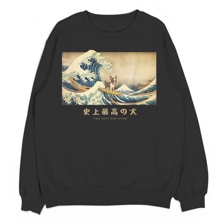Surfing Boston Terrier Kanagawa Wave Japanese Dog For Men Women Kids Women Crewneck Sweatshirt, novelty gifts, funny gifts