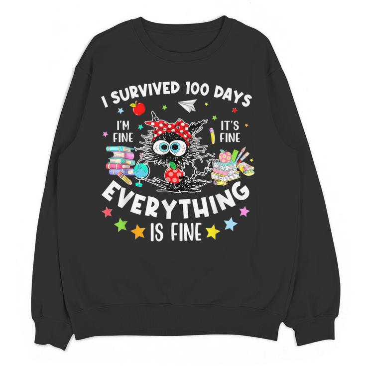 I Survived 100 Days Of School Teacher Kids Cat Lover Women Crewneck Sweatshirt, novelty gifts, funny gifts