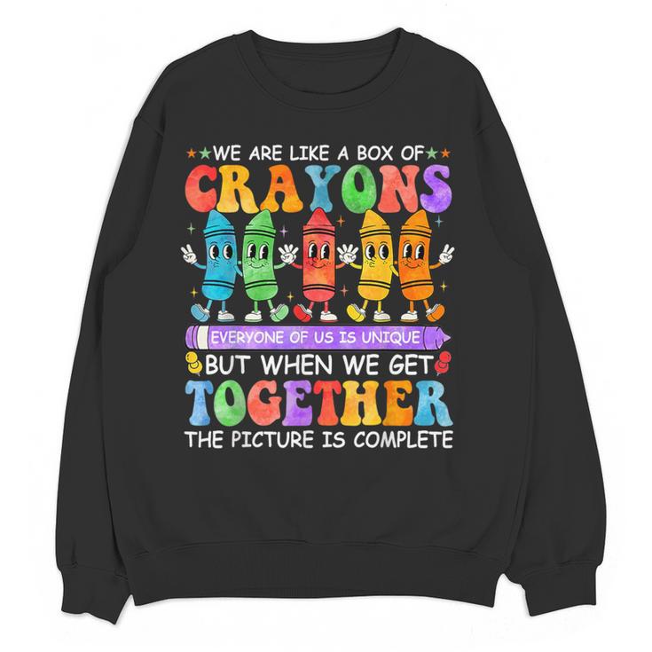Teacher We Are Like A Box Of Crayons Back To School Men Women Kids Women Crewneck Sweatshirt, novelty gifts, funny gifts Teacher We Are Like A Box Of Crayons Back To School Men Women Kids Women Crewneck Sweatshirt, novelty gifts, funny gifts