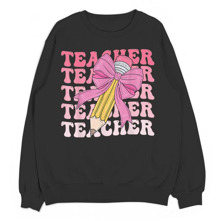 Teacher Pencil Back To School Groovy Pink Teacher First Day Women Crewneck Sweatshirt, novelty gifts, funny gifts