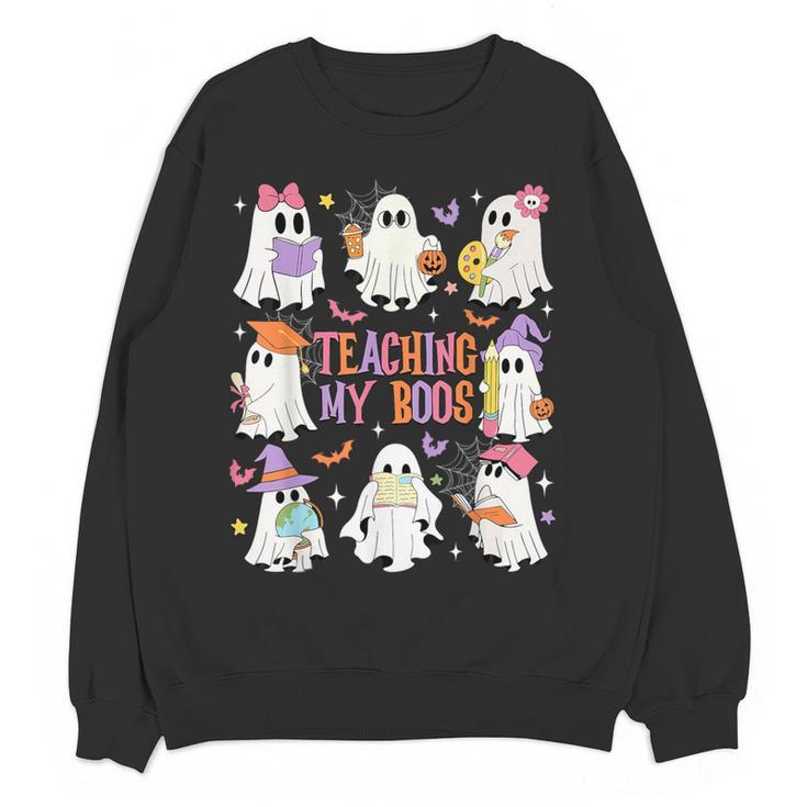 Teaching My Boos Teacher Cute Ghost Groovy Teacher Halloween Women Crewneck Sweatshirt, novelty gifts, funny gifts Teaching My Boos Teacher Cute Ghost Groovy Teacher Halloween Women Crewneck Sweatshirt, novelty gifts, funny gifts