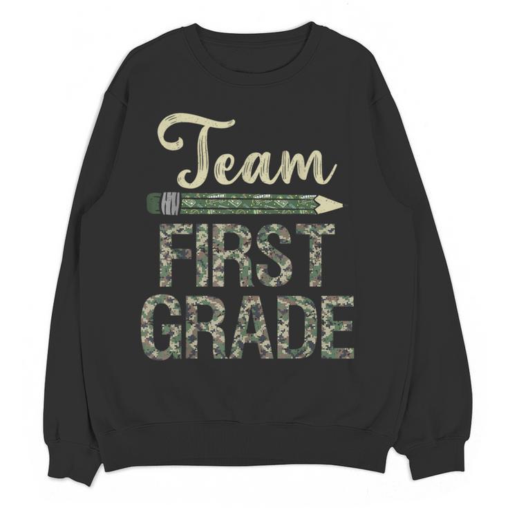 Team First Grade Camo 1st Grade Teacher Camouflage Women Crewneck Sweatshirt, novelty gifts, funny gifts