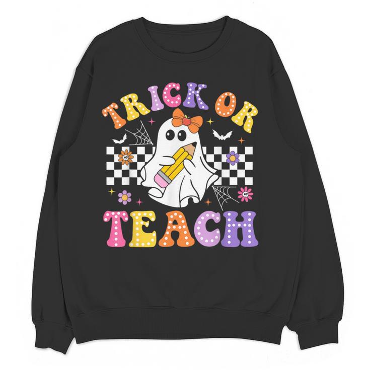 Trick Or Teach Groovy Halloween Teachers Women Crewneck Sweatshirt, novelty gifts, funny gifts