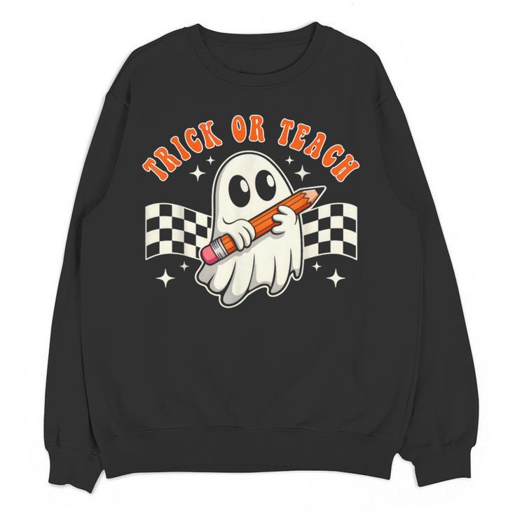 Trick Or Teach Groovy Retro Ghost Halloween Teacher Kids Women Crewneck Sweatshirt, novelty gifts, funny gifts Trick Or Teach Groovy Retro Ghost Halloween Teacher Kids Women Crewneck Sweatshirt, novelty gifts, funny gifts