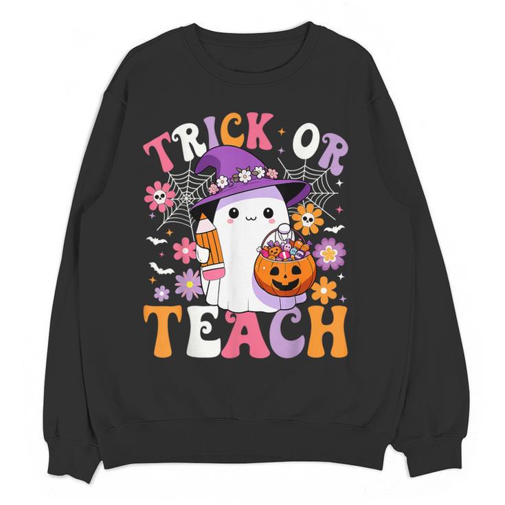 Trick Or Teach Groovy Teacher Ghost Halloween Teacher Women Crewneck Sweatshirt, novelty gifts, funny gifts Trick Or Teach Groovy Teacher Ghost Halloween Teacher Women Crewneck Sweatshirt, novelty gifts, funny gifts
