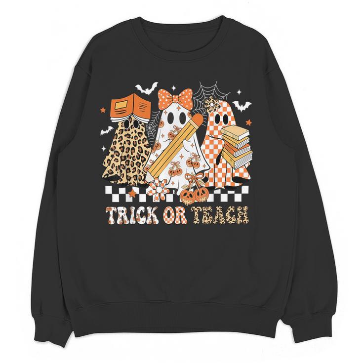 Trick Or Teach Groovy Teacher Halloween Floral Ghost Women Crewneck Sweatshirt, novelty gifts, funny gifts Trick Or Teach Groovy Teacher Halloween Floral Ghost Women Crewneck Sweatshirt, novelty gifts, funny gifts