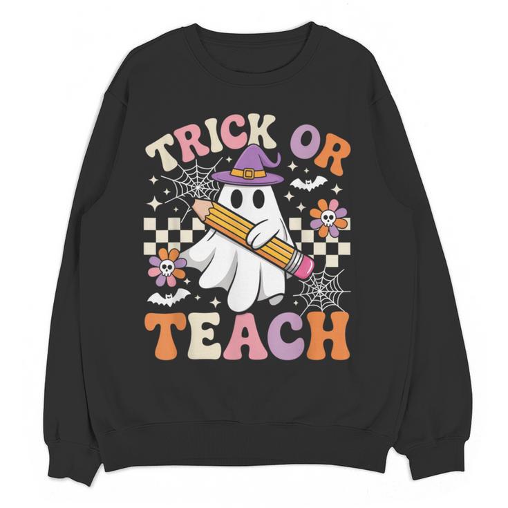 Trick Or Teach Groovy Teacher Halloween Retro Ghost Women Crewneck Sweatshirt, novelty gifts, funny gifts