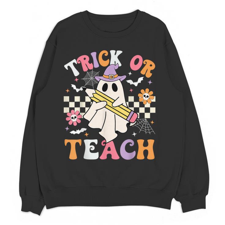 Trick Or Teach Groovy Teacher Halloween Retro Teacher Ghost Women Crewneck Sweatshirt, novelty gifts, funny gifts Trick Or Teach Groovy Teacher Halloween Retro Teacher Ghost Women Crewneck Sweatshirt, novelty gifts, funny gifts