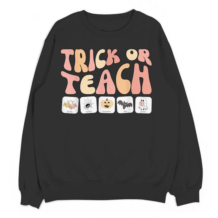 Trick Or Teach With Symbols Special Education Teacher Spooky Women Crewneck Sweatshirt, novelty gifts, funny gifts