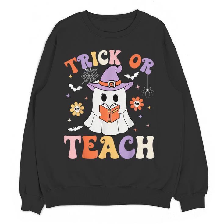 Trick Or Teach Teacher Groovy Ghost Halloween Teacher Women Crewneck Sweatshirt, novelty gifts, funny gifts Trick Or Teach Teacher Groovy Ghost Halloween Teacher Women Crewneck Sweatshirt, novelty gifts, funny gifts
