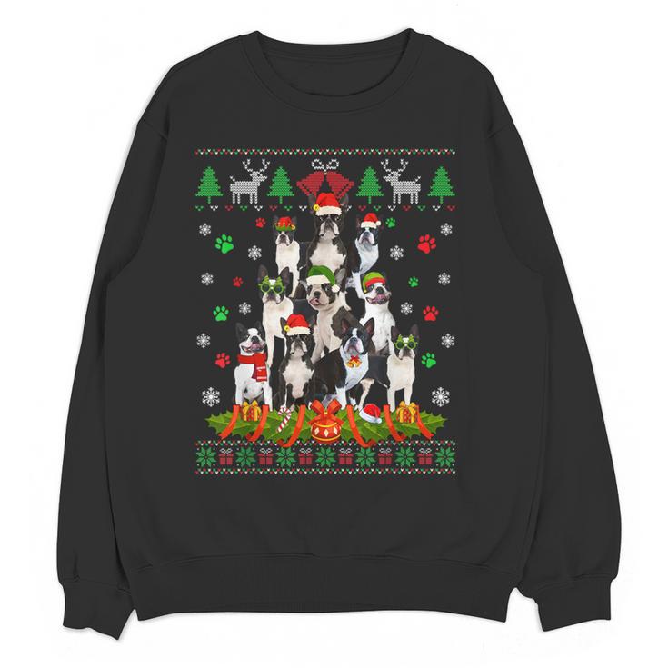 Ugly Sweater Christmas Tree Boston Terrier Dog Xmas Pajama Women Crewneck Sweatshirt, novelty gifts, funny gifts