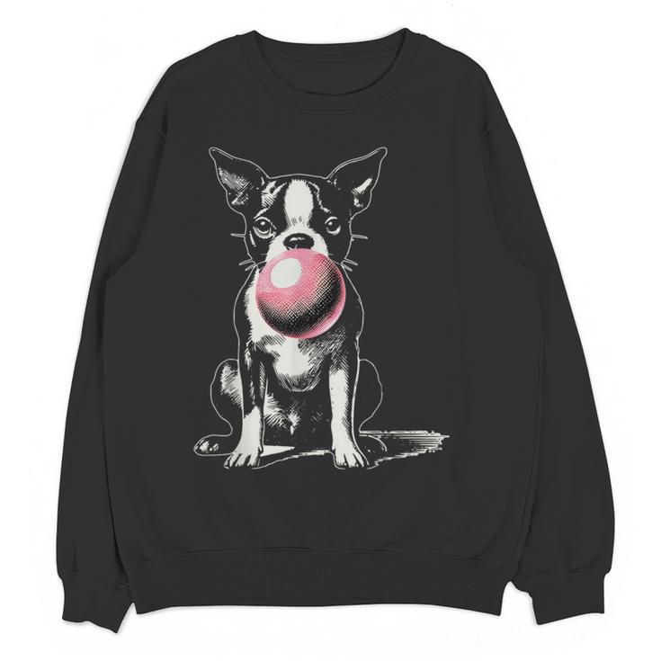 Vintage Boston Terrier Blowing Bubble Gum American Gentleman Women Crewneck Sweatshirt, novelty gifts, funny gifts