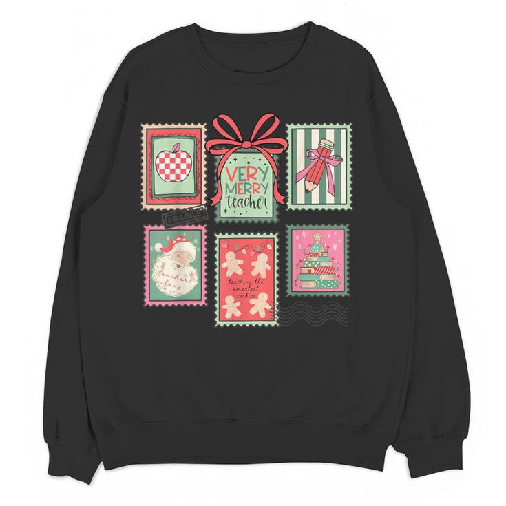 Vintage Preppy Very Merry Teacher Santa Stamps Christmas Women Crewneck Sweatshirt, novelty gifts, funny gifts Vintage Preppy Very Merry Teacher Santa Stamps Christmas Women Crewneck Sweatshirt, novelty gifts, funny gifts