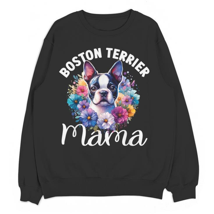 Watercolor Floral Boston Terrier Mama Dog Lover Mother's Day For Men Women Girls Kids Women Crewneck Sweatshirt, novelty gifts, funny gifts