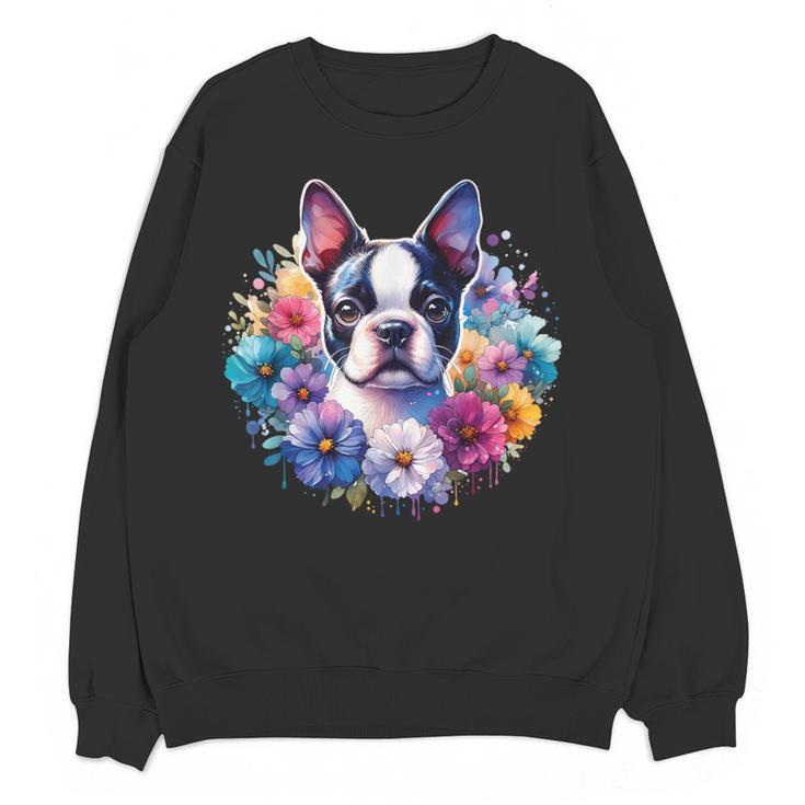 Watercolor Floral Boston Terrier Mama Dog Lover Mother's Day Women Crewneck Sweatshirt, novelty gifts, funny gifts