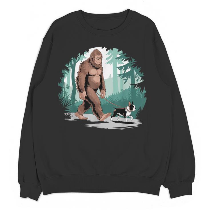 Whimsical Forest Adventures Sasquatch Bigfoot Walking Boston Terrier Dog Lovers Women Crewneck Sweatshirt, novelty gifts, funny gifts
