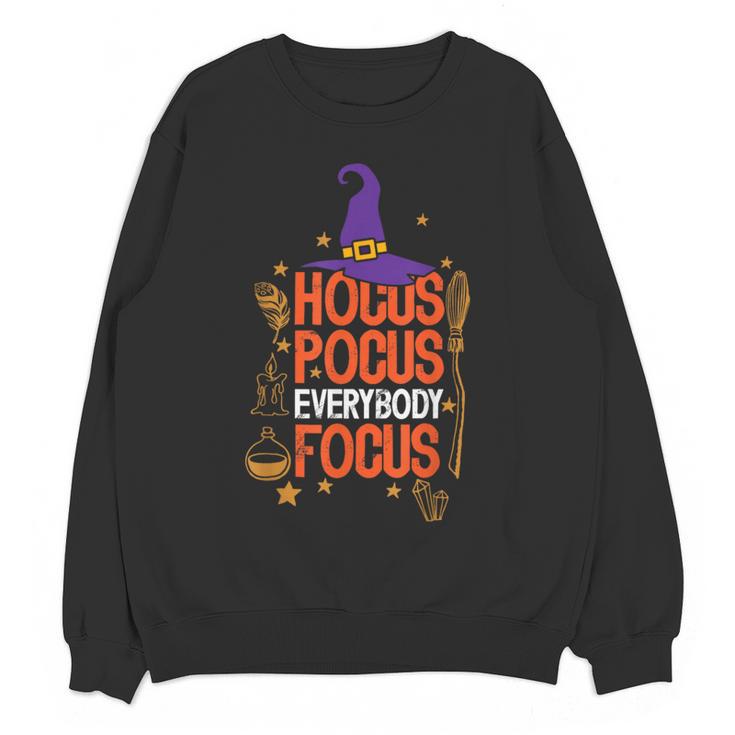 Witchy Halloween Hocus Pocus Everybody Focus Teacher Pumpkin Women Crewneck Sweatshirt, novelty gifts, funny gifts