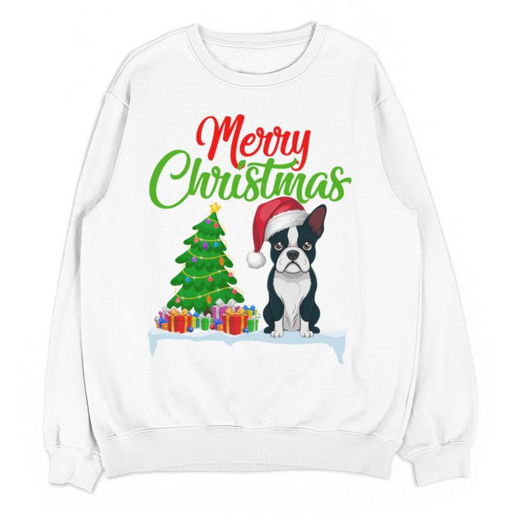 Boston Terrier Christmas Tree Lights Xmas Dog Lover Women Crewneck Sweatshirt, novelty gifts, funny gifts