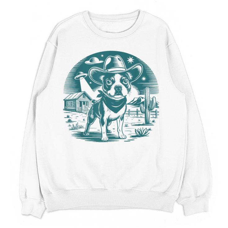 Boston Terrier Cowboy UFO Shirt Vintage Western Dog Mom Tee Women Crewneck Sweatshirt, novelty gifts, funny gifts