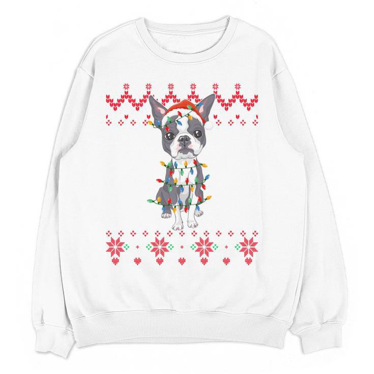 Boston Terrier Dog Santa Hat Men Kids Ugly Christmas Light Women Crewneck Sweatshirt, novelty gifts, funny gifts