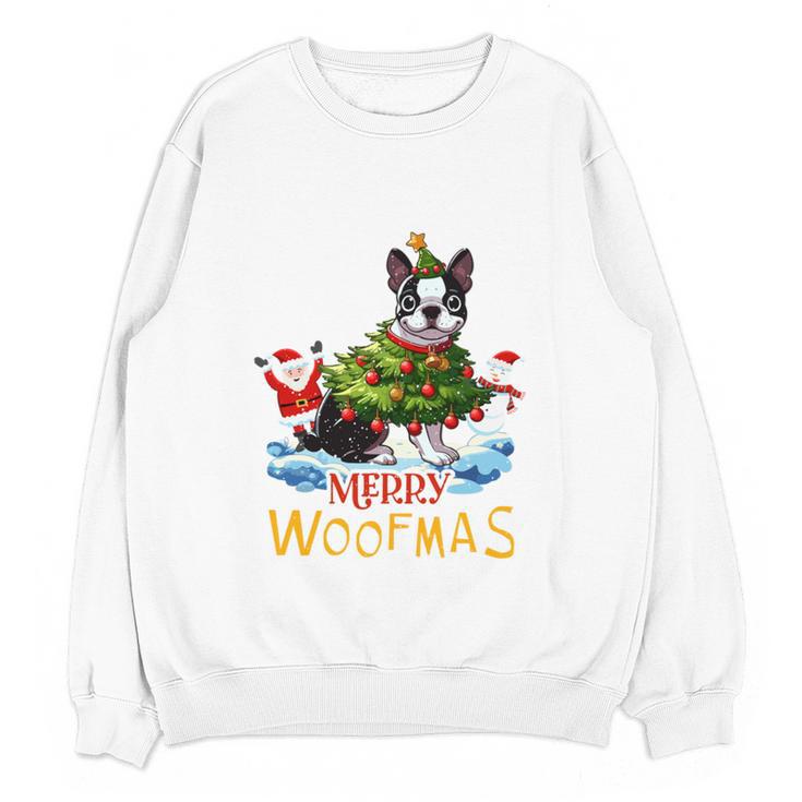 Boston Terrier Merry Christmas Tree Lights Dog X-Mas Dogs Women Crewneck Sweatshirt, novelty gifts, funny gifts