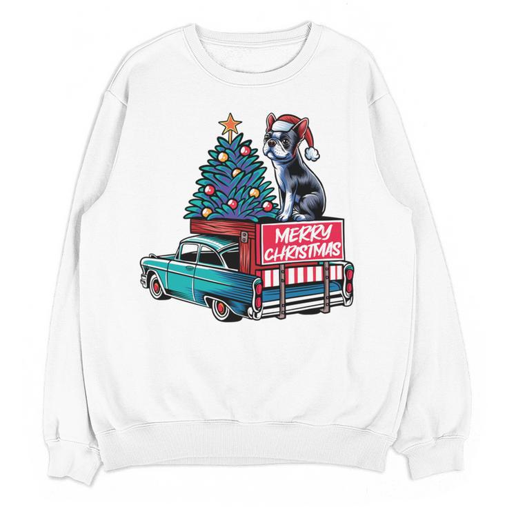Boston Terrier Merry Christmas Tree Truck Santa Dog X-Mas Women Crewneck Sweatshirt, novelty gifts, funny gifts