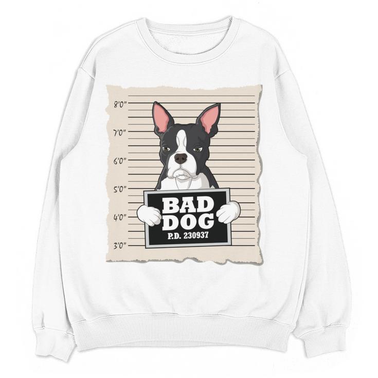 Boston Terrier Mug Shot Guilty Dog Women Crewneck Sweatshirt, novelty gifts, funny gifts