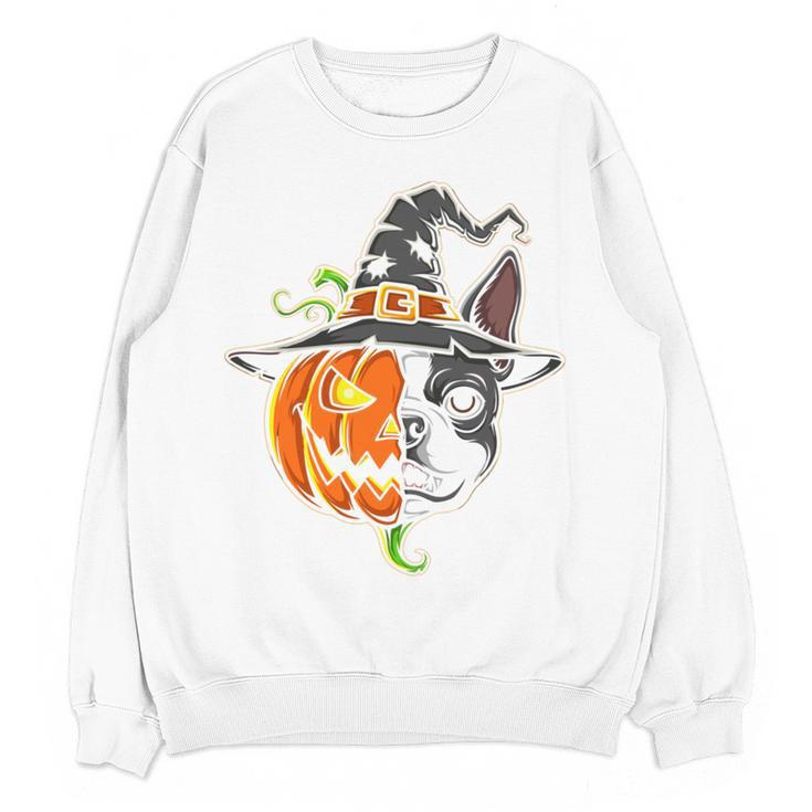 Boston Terrier Pumpkin Jack O Lantern Halloween Women Crewneck Sweatshirt, novelty gifts, funny gifts