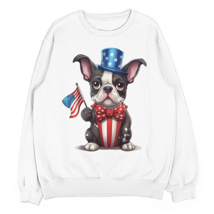 Boston Terrier Puppy Dog Holds His American Flag 4th Of July Women Crewneck Sweatshirt, novelty gifts, funny gifts