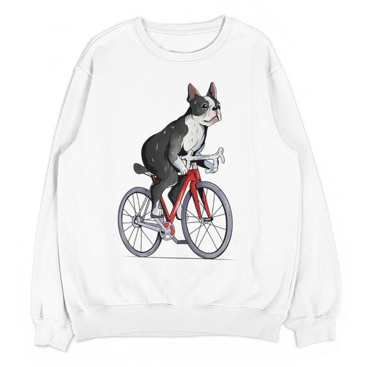 Boston Terrier Riding Bicycle Cute Bostie Biker Raglan Baseball Tee Women Crewneck Sweatshirt, novelty gifts, funny gifts