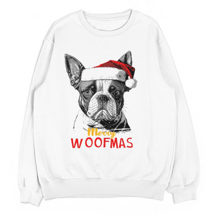 Boston Terrier Santa Claus Hat Merry Christmas Dog X-Mas Women Crewneck Sweatshirt, novelty gifts, funny gifts